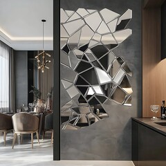 A modern dining room with a geometric mirror wall and a contemporary chandelier.