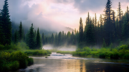 Misty morning sunrise over a tranquil river, reflecting the colorful sky and distant mountains