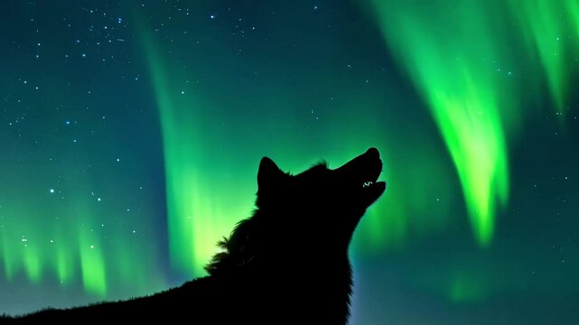 Silhouette of a black wolf howling against a mesmerizing green aurora borealis and a starry night sky showcases the enchanting beauty of the arctic wilderness