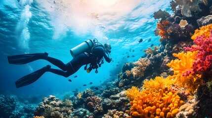A scuba diver explores vibrant coral reefs in crystal clear waters for an unforgettable underwater adventure