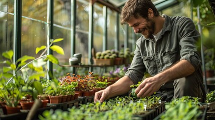 Fototapeta premium Smiling man tending to seedlings in a greenhouse.