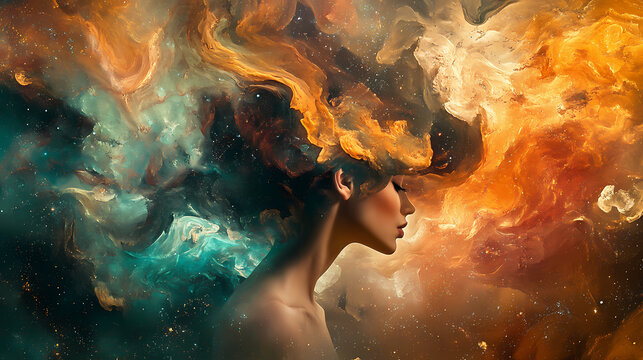 Abstract artistry with cosmic elements and female model. generative ai image. Cosmic. Illustration