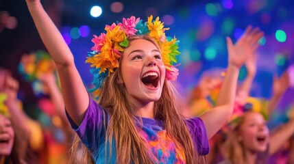 Joyful celebration with colorful flower crowns and festive vibes