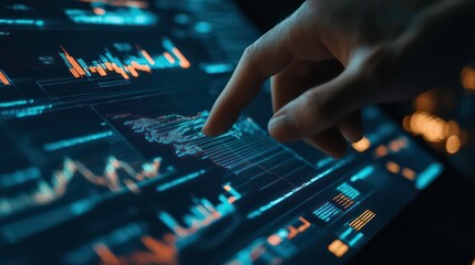 A close-up of a hand interacting with a digital data visualization interface.