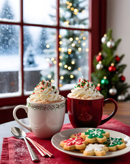 Warm holiday drinks and festive cookies cozy up by a snowy window, bringing joy to winter celebrations in a beautifully decorated home