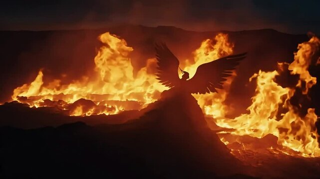 Silhouette of a legendary firebird soaring above a volcanic eruption, symbolizing rebirth and strength amidst flames, ash, and smoke in a captivating night scene