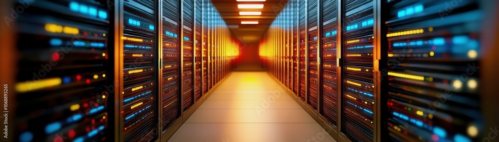 Poster a captivating view of a modern data center, featuring rows of servers with vibrant lights, emphasizi