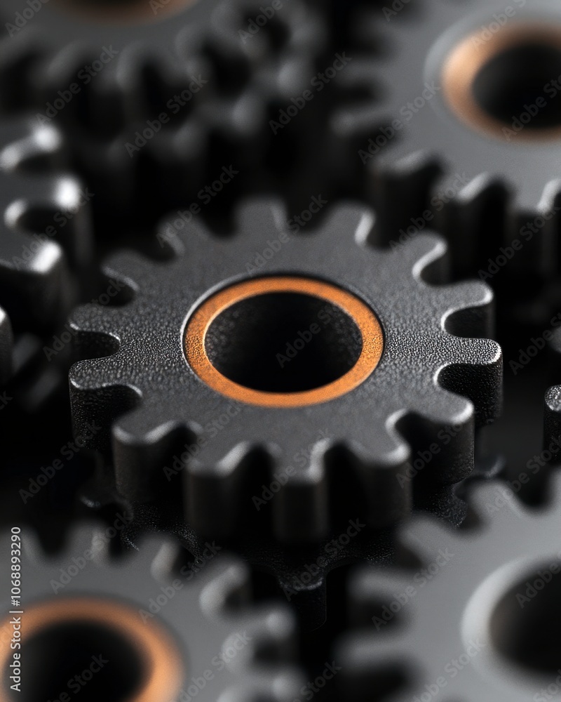 Fototapete a close-up view of interlocking gears with a black and orange design, symbolizing machinery and mech