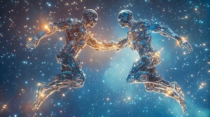 Fototapeta premium Explore the artistic fusion of cloth and technology as mirrored human figures emerge in cosmic space