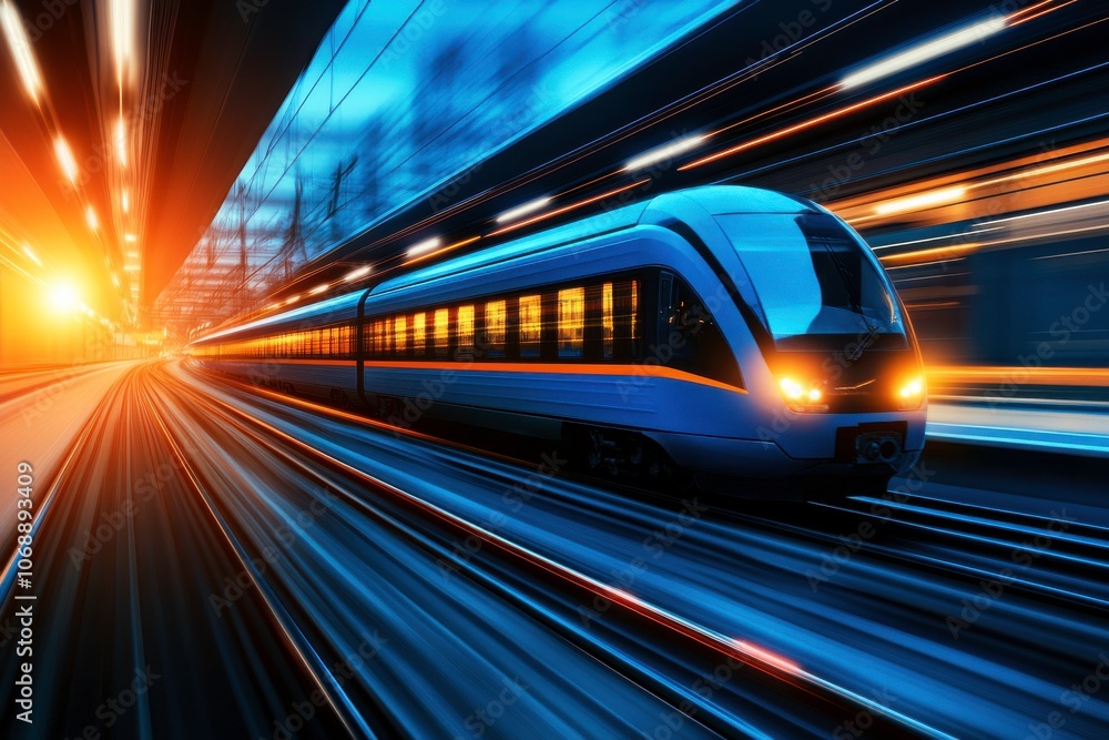 Poster a high-speed train races through a futuristic, illuminated landscape, creating a sense of motion and