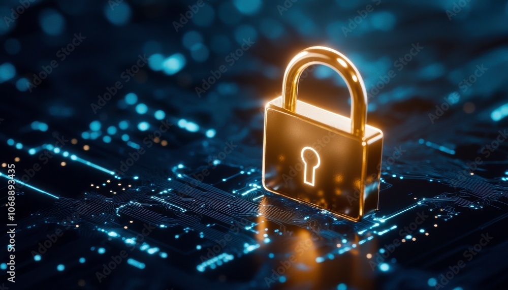 Aufkleber a golden padlock stands on a digital circuit board, symbolizing cybersecurity and data protection in