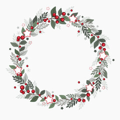Christmas berry wreath, festive round floral frame, holly berries, mistletoe leaves, Christmas card design, advertising, festive banner