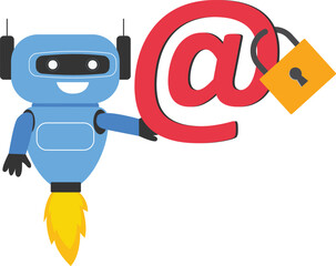 Robot with artificial intelligence with strong padlock security on email symbol. Email security protection, safety system to defend cyber attack, spam or data leak, data encryption technology.

