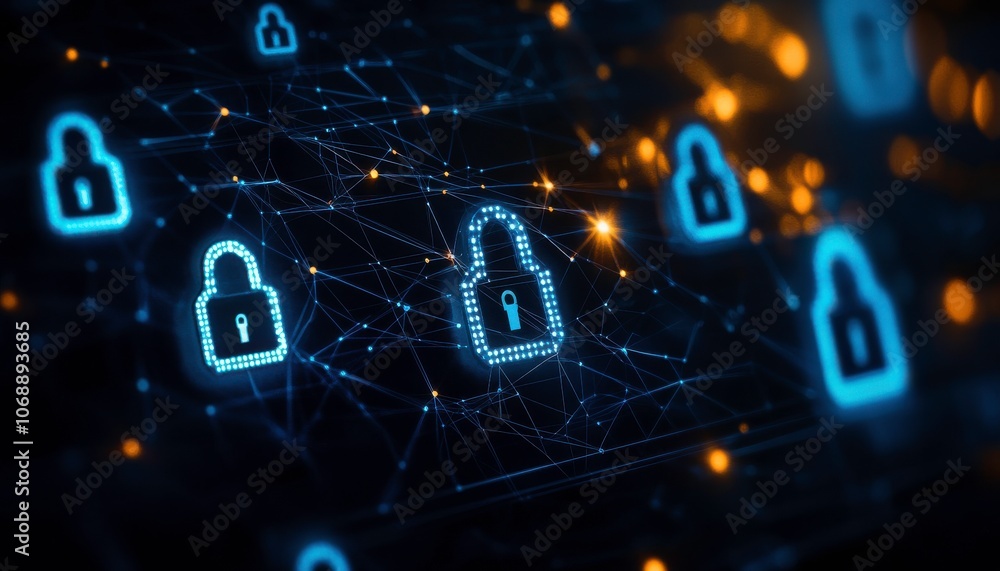 Poster A digital representation of interconnected locks symbolizes cybersecurity, privacy, and data protection in a high-tech environment.