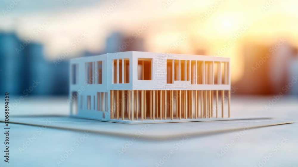 Aufkleber A modern architectural model of a building is showcased against a soft sunset background, emphasizing design and structure in a vibrant city setting.