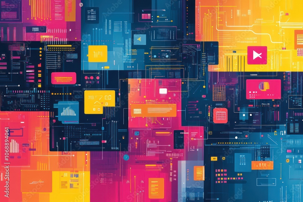 Poster an abstract digital background with a colorful, geometric pattern of squares and lines.