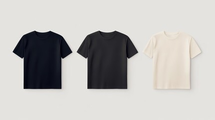 Set of Three T-Shirts in Black, Dark Gray, and Beige on a Neutral Background