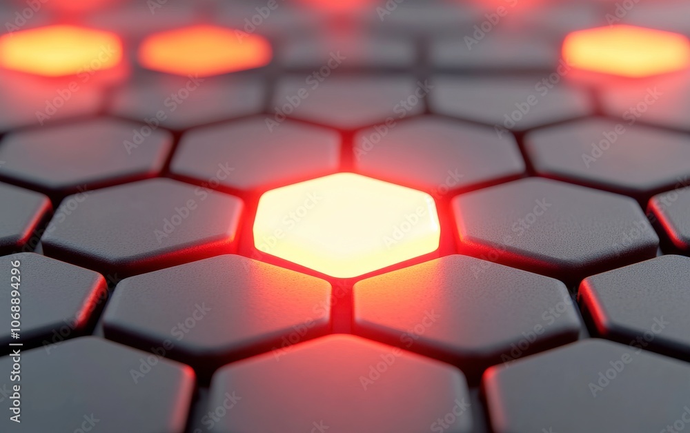 Poster A close-up of hexagonal patterns illuminated by red lights, creating a striking geometric and futuristic design.