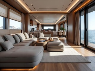 Interior of a luxury yacht for rich millionaire and billionaire to party in the sea. Classy brown theme