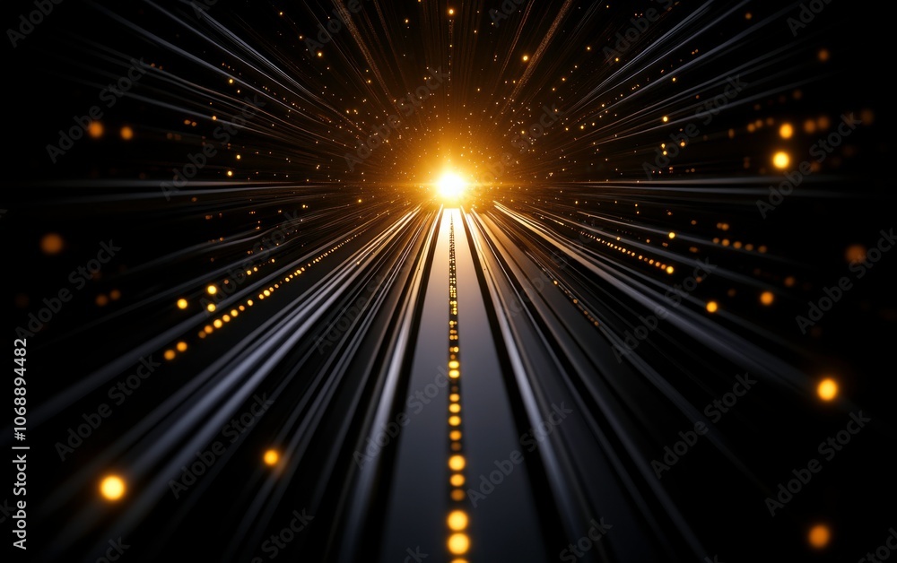 Fototapete A radiant light source emanates from the center, surrounded by beams and particles, creating a sense of depth and motion in a cosmic-themed backdrop.