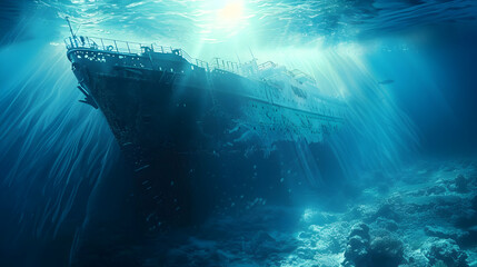 Obraz premium Luminous Wreckage of Sunken Ship in Red Sea Surrounded by Enchanting Sea Plants 