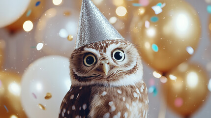 Cute Owl in Party Hat with Balloons and Festive Background Desktop Wallpaper
