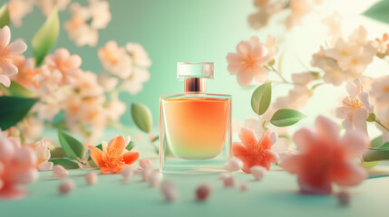 Elegant Perfume Bottle Surrounded by Blossoming Flowers on a Green and Orange Minimalist Background