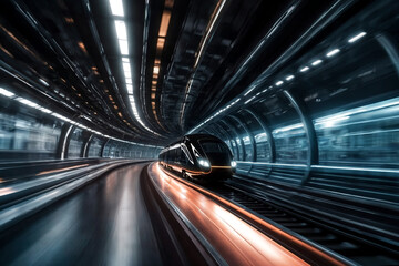 Abstract future fast modern express passenger black train driving on high speed monorail track in...