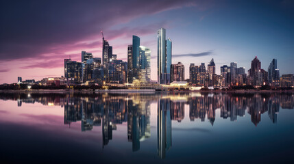 Naklejka premium Modern City Skyline Reflecting in Calm Water