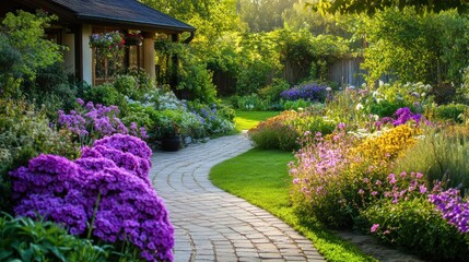 A serene garden path lined with colorful flowers leading to a cozy home.