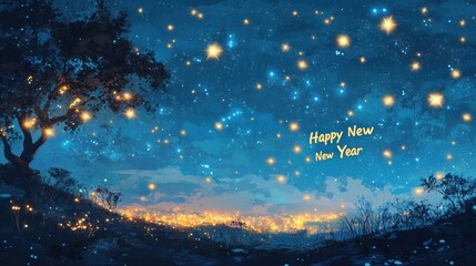 A magical night sky with twinkling stars and the words "Happy New Year" written in the sky.