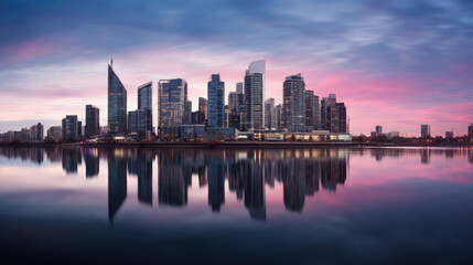 Fototapeta premium Modern City Skyline Reflecting on Calm Water