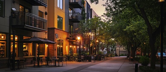 Obraz premium Apartment building in a trendy neighborhood, with cafes and trees lining the street, dusk,