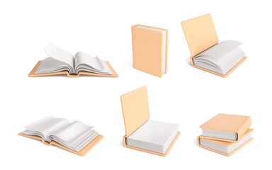 Set of 3d realistic books isolated on white background. 3D book icons. Vector illustration