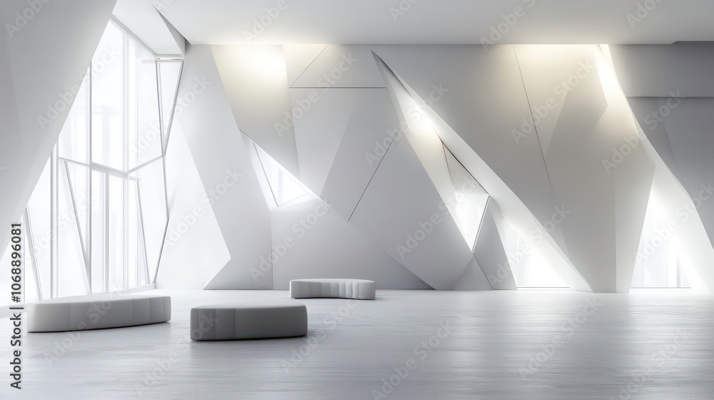 Poster modern interior with angular walls and minimalist seating, emphasizing space and light.