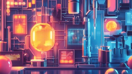 A futuristic laboratory scene with glowing orbs and intricate machinery.