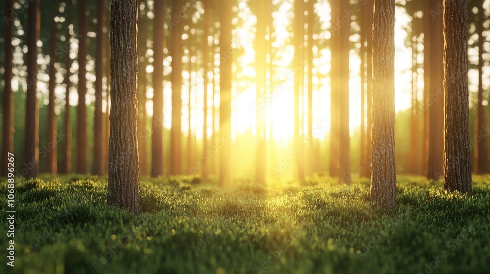 Poster sunlight filtering through trees in a lush forest