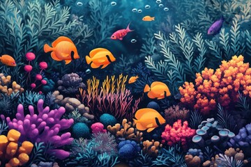A vibrant underwater scene with colorful coral reefs and fish swimming in a blue ocean.