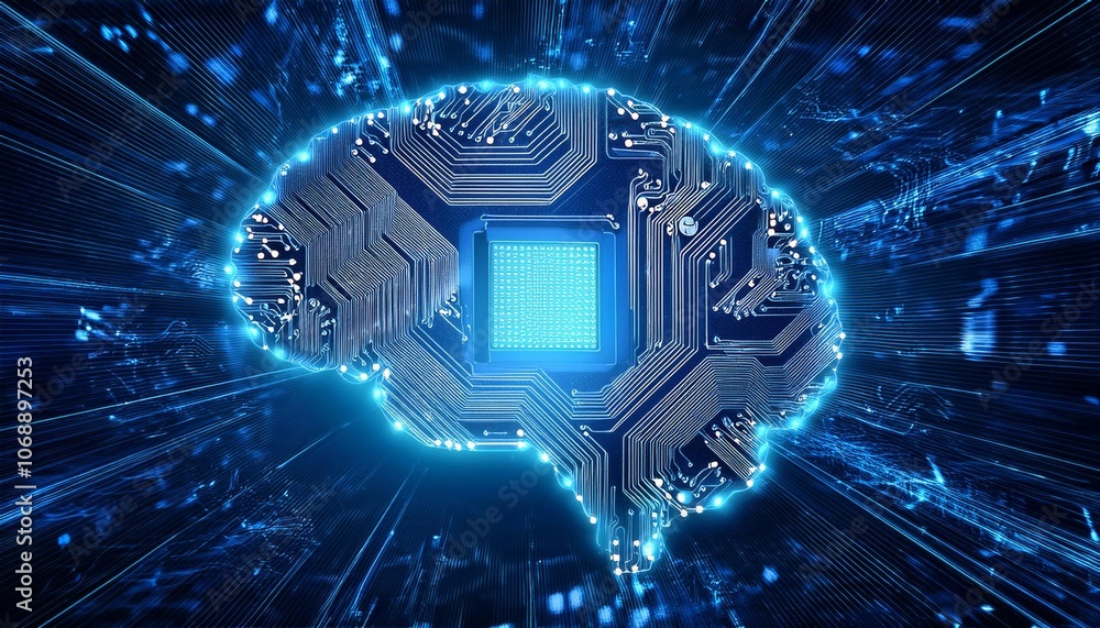 Poster intricate circuit board with illuminated brain symbol representing artificial intelligence technolog