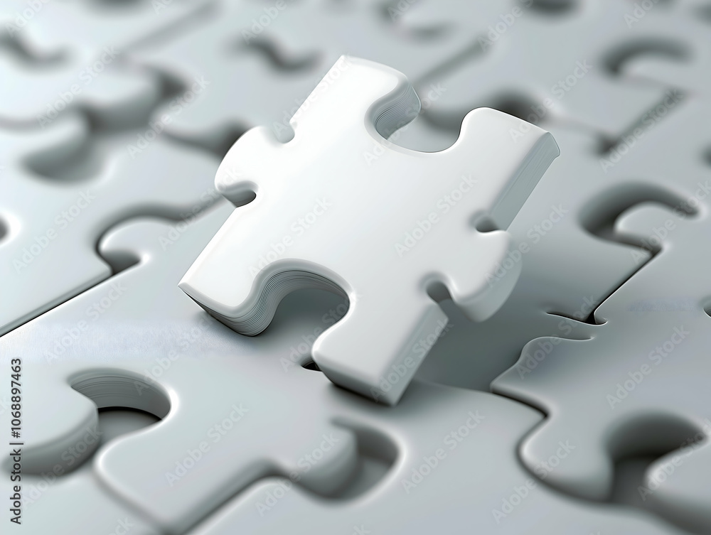 Poster a single white puzzle piece stands out against a backdrop of interlocking gray pieces, symbolizing u
