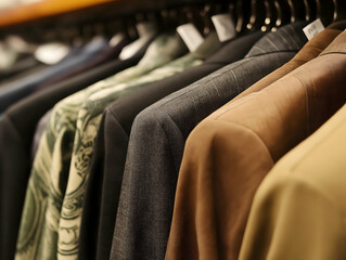 Obraz premium A close-up view of various jackets hanging on hangers, showcasing diverse colors and patterns, highlighting fashion variety and style.