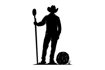Man with shovel harvesting agave, traditional countryside, silhouette vector illustration