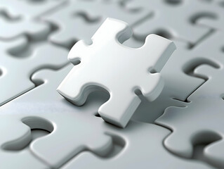 A single white puzzle piece stands out against a backdrop of interlocking gray pieces, symbolizing uniqueness and the completion of a whole.