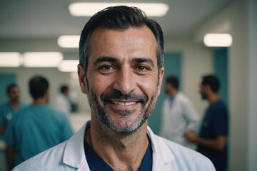 Fototapeta premium Close portrait of a smiling 40s Turkish man doctor looking at the camera, Turkish hospital blurred background