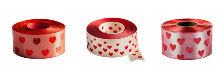 Set of decorative Valentine’s ribbon roll with red hearts isolated on a transparent background