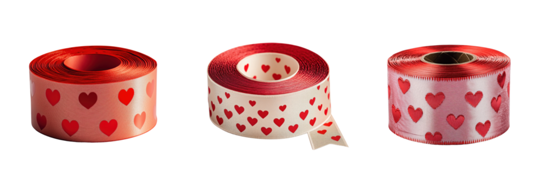 Set of decorative Valentine’s ribbon roll with red hearts isolated on a transparent background - Powered by Adobe