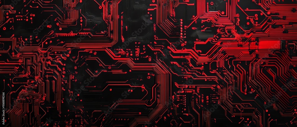 Poster a complex red circuit board pattern on a black background, with red glowing circuit lines, evoking a