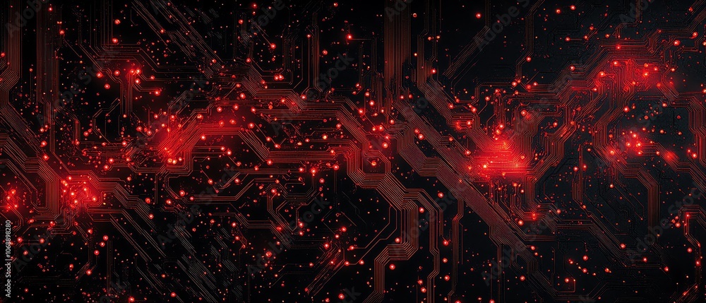 Poster a complex red circuit board pattern on a black background, with red glowing circuit lines, evoking a