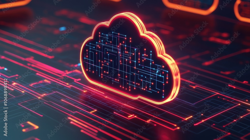 Poster a vibrant digital cloud icon amidst a network of circuits, representing cloud computing and data sto
