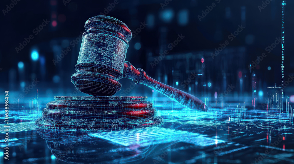 Poster digital representation of gavel on podium, symbolizing justice and law in high tech environment. bac